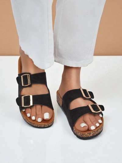 Жіночі шльопанці Letitia чорні, замшеві, плоский каблук, італійський дизайн