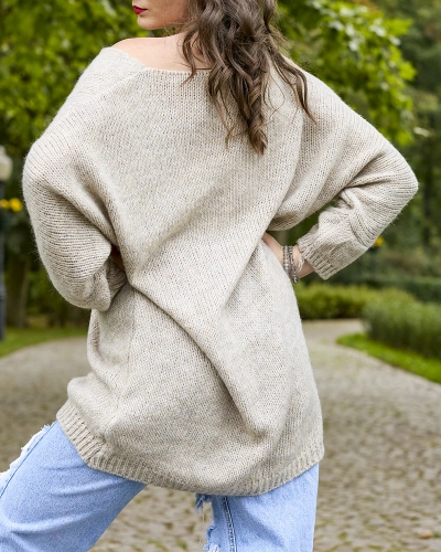 Royalfashion Šedobéžový dámský dlouhý oversize svetr