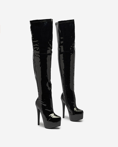 Жіночі лаковані чоботи вище коліна чорного кольору Leccie- Footwear