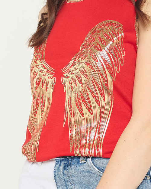 Червоний жіночий топ з принтом золотих крил