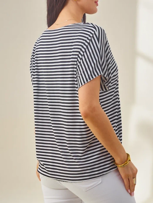 Royalfashion Жіноча блузка з віскози в смужку з коротким рукавом і блискучим покриттям