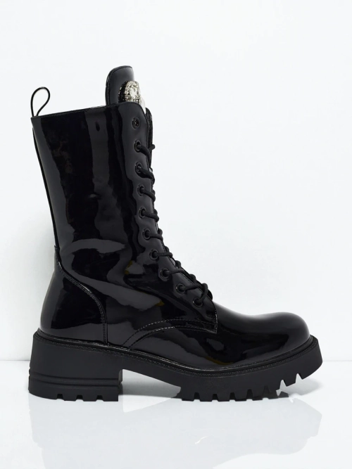 Лаковані шнуровані жіночі ботфорти Emelune
