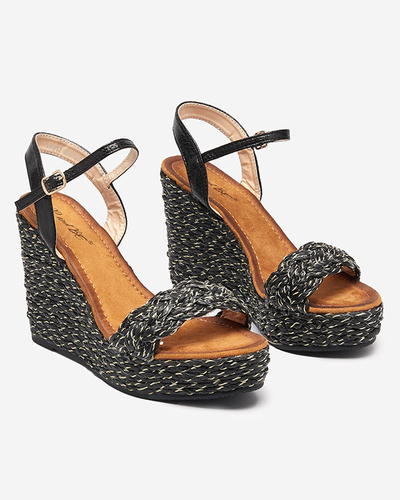 Dámské černé sandály se zlatou nití na klínku Carea-Shoes