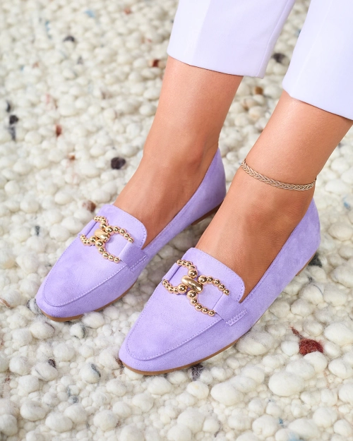 Фіолетові жіночі мокасини з екозамші Royalfashion з прикрасою Bissefi