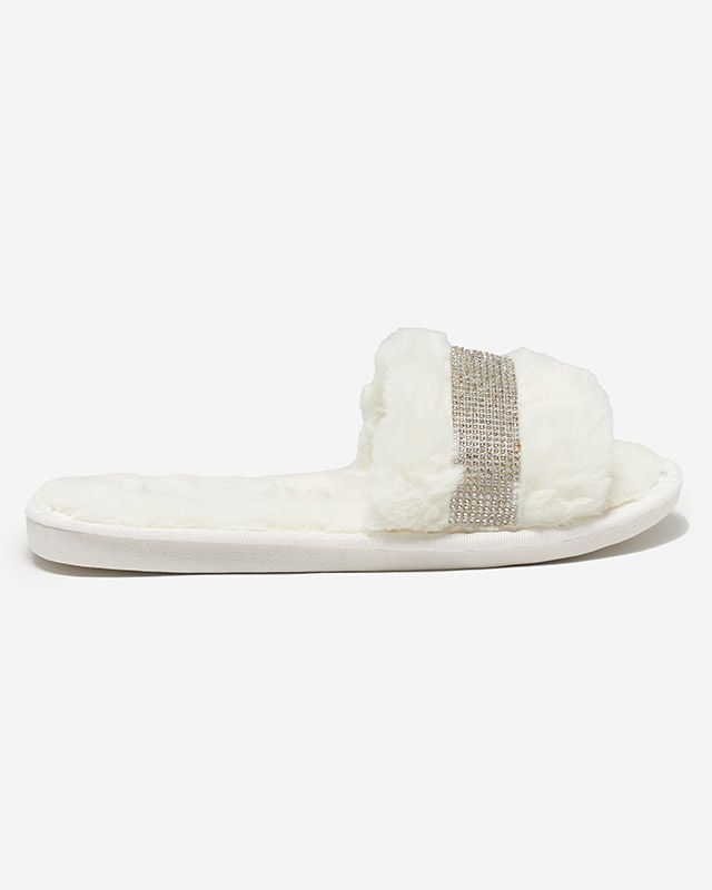 Dámské bílé kožešinové pantofle s kubickými zirkony Tiko - Obuv