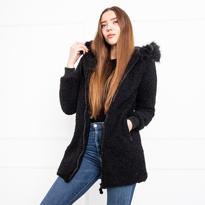 Dámská černá bunda s kapucí z ovčí kůže - Oblečení