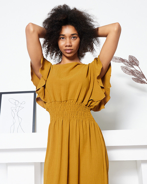 Сукня міді з еластичною талією гірчичного кольору - Одяг