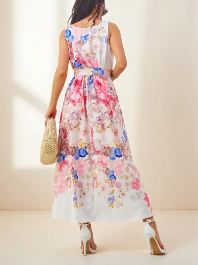 Royalfashion Dámské mididress viskóza s ramínky, s páskem v různých květinových vzorech