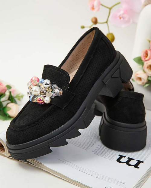 Royalfashion Чорні жіночі мокасини з різнокольоровими кристалами Glam