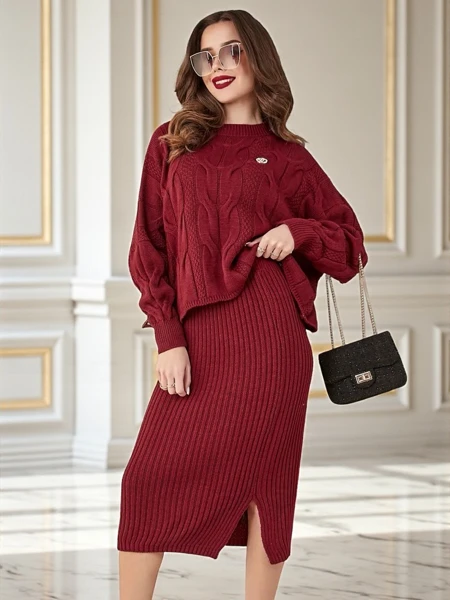 Royalfashion Akrylátový pletený ženský set s svetrem a sukní Warm&Fuzzy