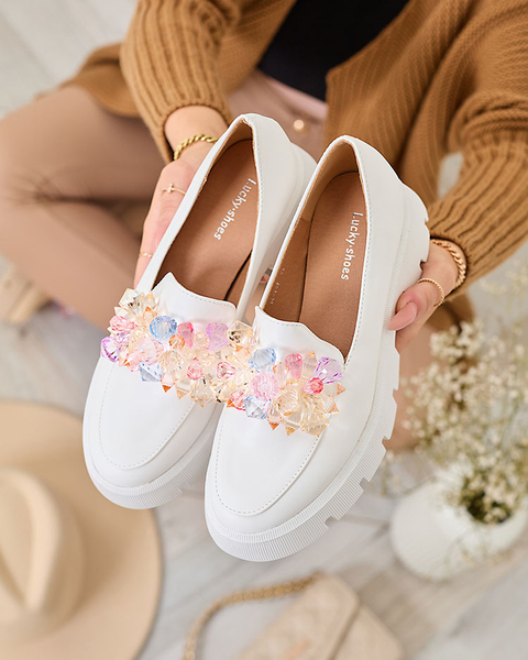 Royalfashion Bílé dámské mokasíny s barevnými krystaly Crystal Glam