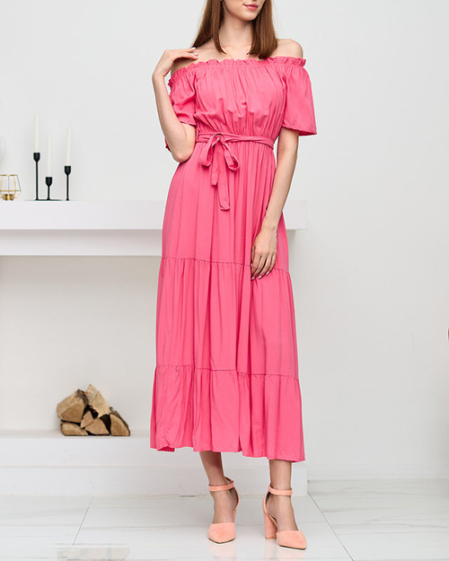 Жіноча коралова сукня міді з відкритою спиною - Одяг