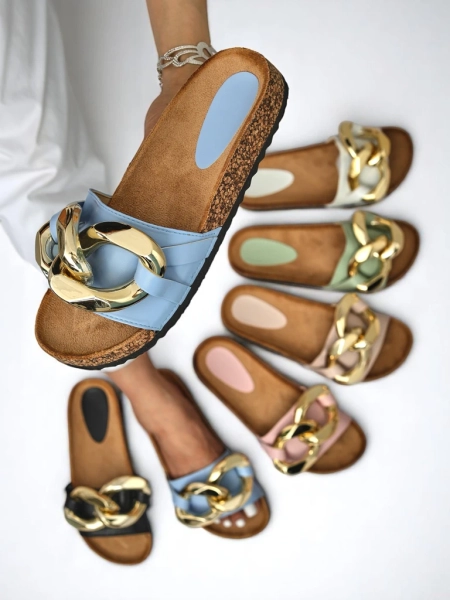 Dámské sandály Callista Royalfashion s řetízkem – ecru/modré, plochý podpatek