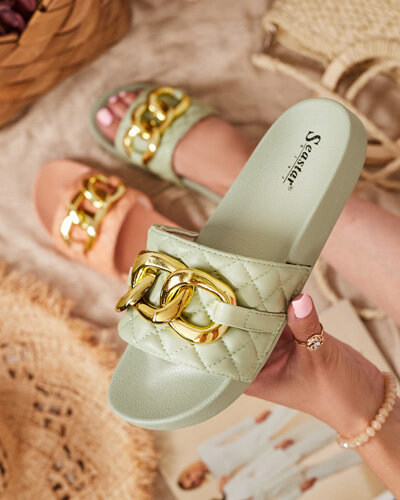 Dámské zelené prošívané pantofle se zlatým řetízkem Eteris - Obuv