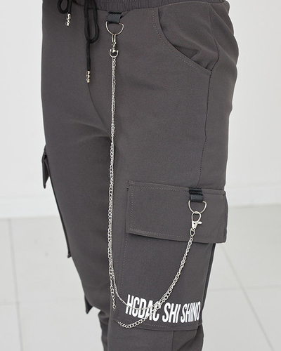 Сірі жіночі теплі штани карго з ланцюжком