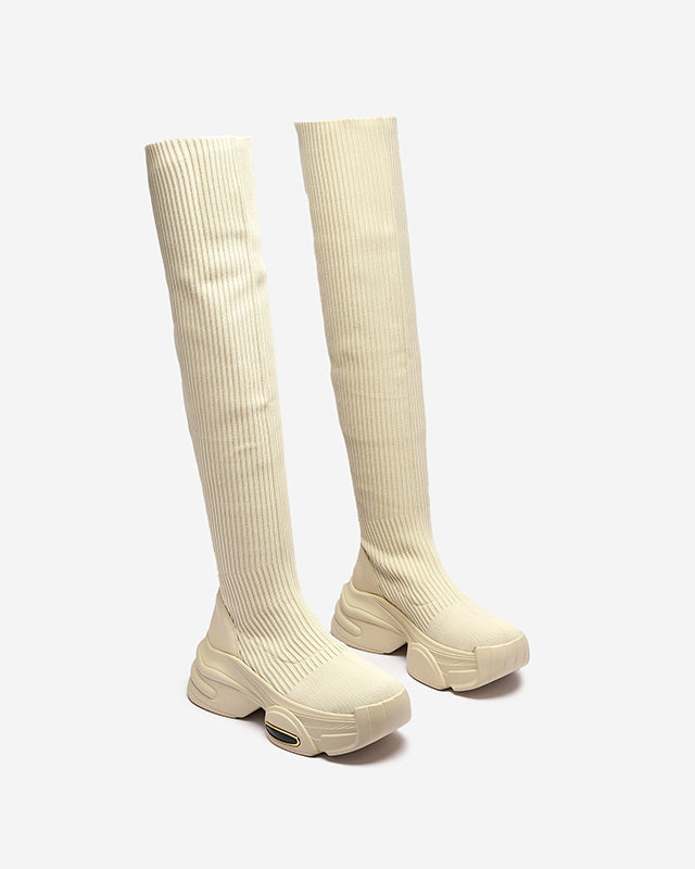 OUTLET Béžové dámské nazouvací kozačky nad kolena Georisa - Obuv