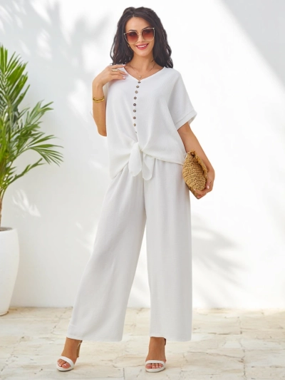 Royalfashion Жіночий Casual набір з блузою з коротким рукавом та широкими штанами