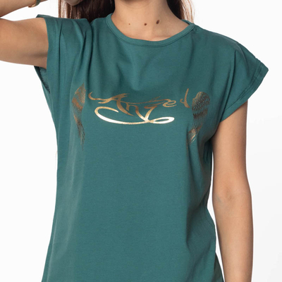 Tmavě zelené dámské tričko se zlatým potiskem a nápisem - Oblečení