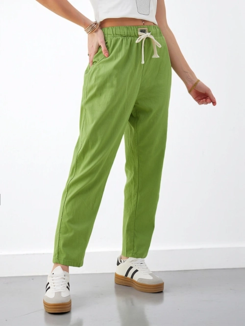 Royalfashion Жіночі прості бавовняні штани з зав'язкою на талії