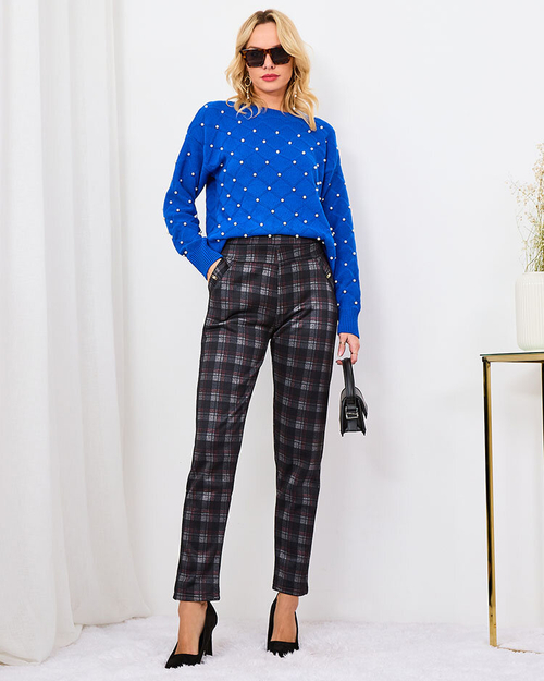 Royalfashion Сіро-червоні жіночі утеплені лосини в клітинку