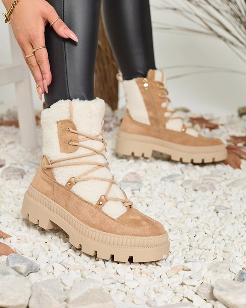 Royalfashion Béžové dámské traperské boty s ovčí kůží Getatsa