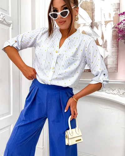 Royalfashion Dámská pruhovaná košile s citrony a V výstřihem