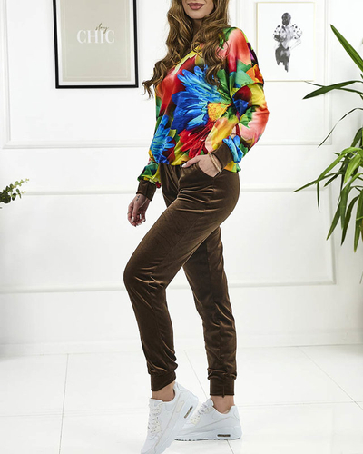 Коричневий жіночий велюровий світшот з кольоровим принтом - Одяг