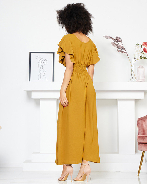 Сукня міді з еластичною талією гірчичного кольору - Одяг