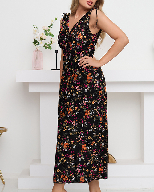 Жіноча чорна довга квіткова сукня - Одяг