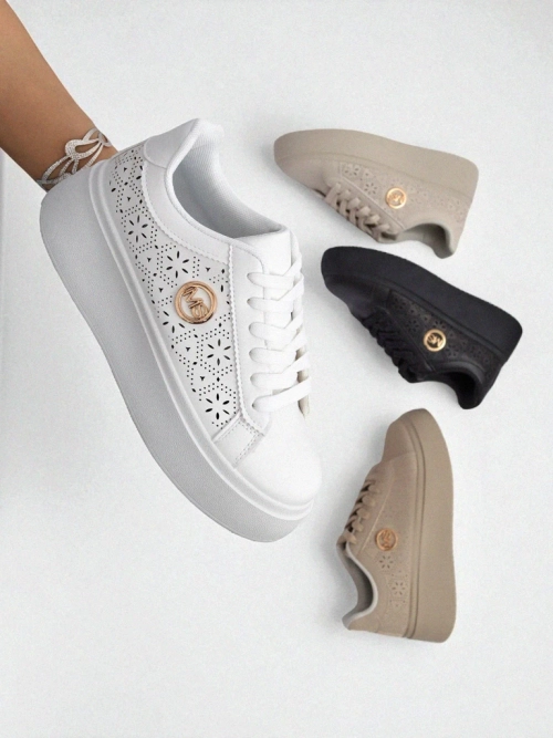 Жіночі снікерси Aelia Royalfashion на платформі білі ажурні ecru