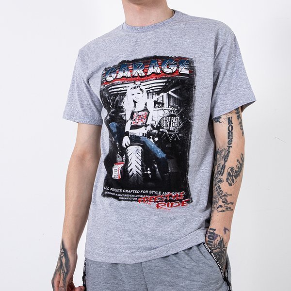 Světle šedé bavlněné tričko pro muže zdobené potiskem a nápisem - Oblečení