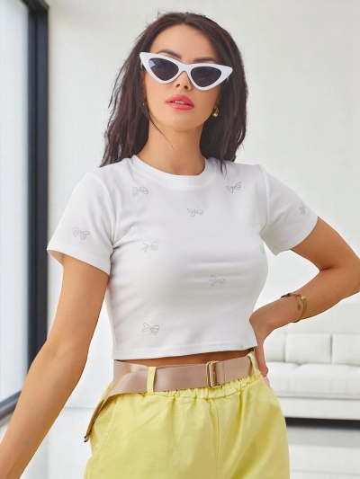Royalfashion Dámský bavlněný crop top s krásnými flitry ve tvaru mašle