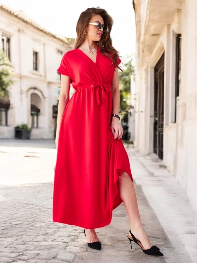 Royalfashion Dámské midi šaty s překříženým výstřihem, krátkými rukávy a opaskem