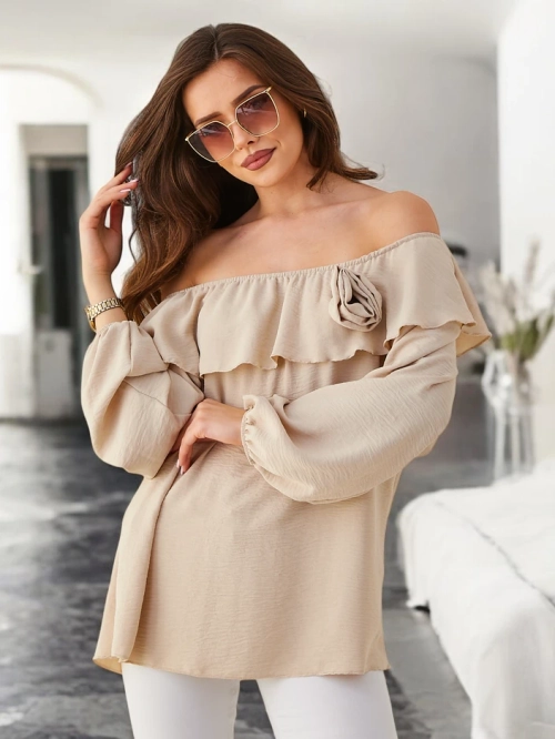 Royalfashion Жіноча блузка в іспанському стилі з рюшами та квіткою