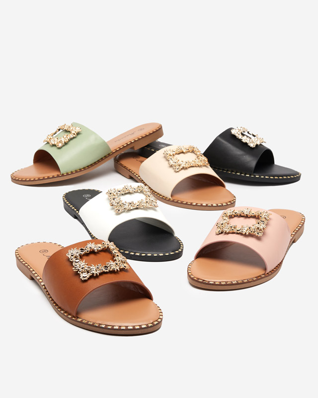 Světle hnědé dámské elegantní pantofle se zlatým zdobením Meriso - Obuv