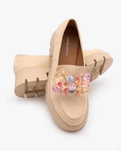 Бежеві жіночі мокасини Royalfashion з різнокольоровими кристалами Crystal Glam