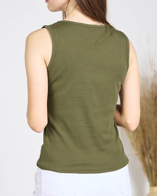 Темно-зелений топ з цирконами та перлами