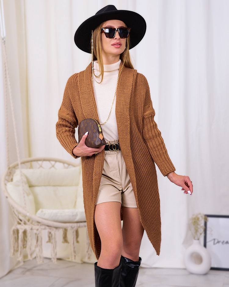 Royalfashion Dámský hnědý svetr s přehozem