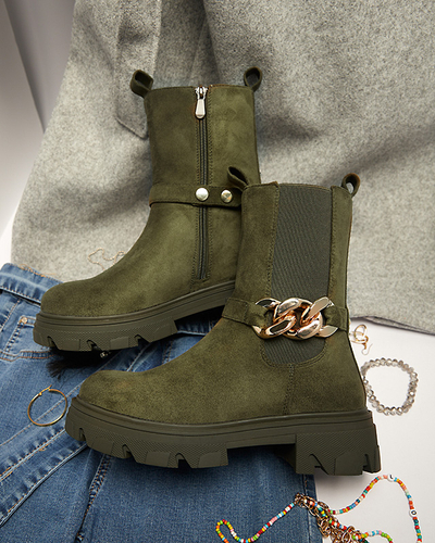 Dámské tmavě zelené kozačky z ekokůže s řetízkem Mefrika- Obuv