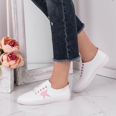 Białe tenisówki wiązane wstążką Pink Star - Obuwie