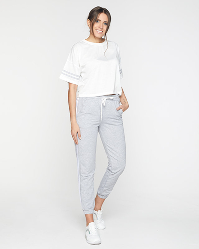 Сіро-білий жіночий спортивний костюм з лампасами