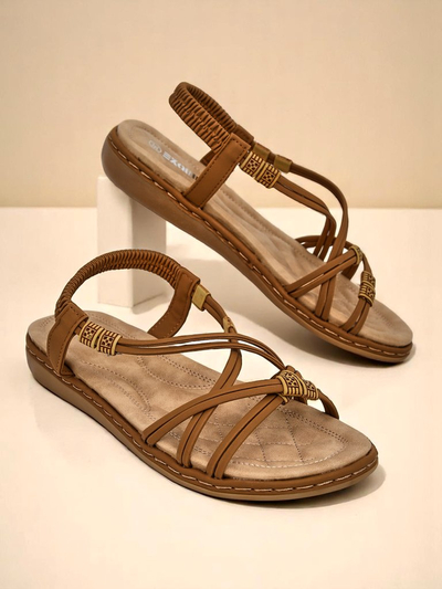 Dámské sandály Royalfashion Cressida camel ploché pohodlné kůže eco léto