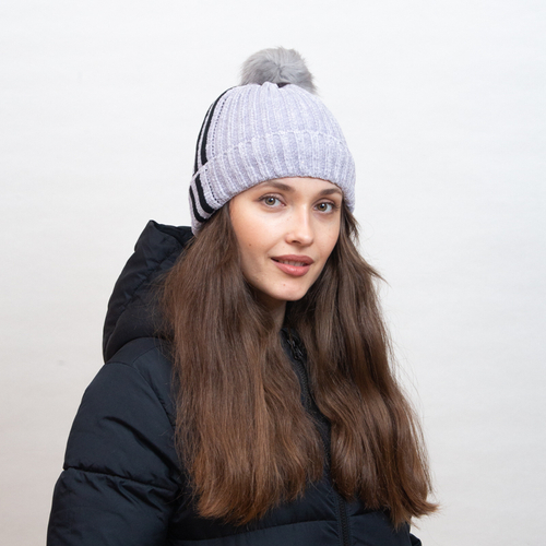 Шапка утеплена сіра з білими смужками і помпоном - Аксесуари