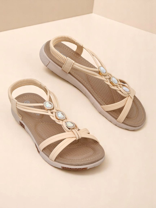 Сандалі жіночі Royalfashion Bellona бежеві з цирконієм на платформі