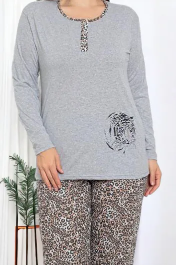 Royalfashion Šedé dámské dvoudílné pyžamo s leopardím vzorem NADROPNÍ VELIKOST
