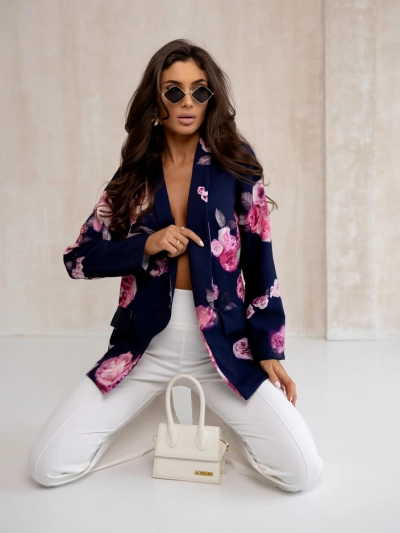 Royalfashion Dámský blazer bez zapínání s růžovými květy