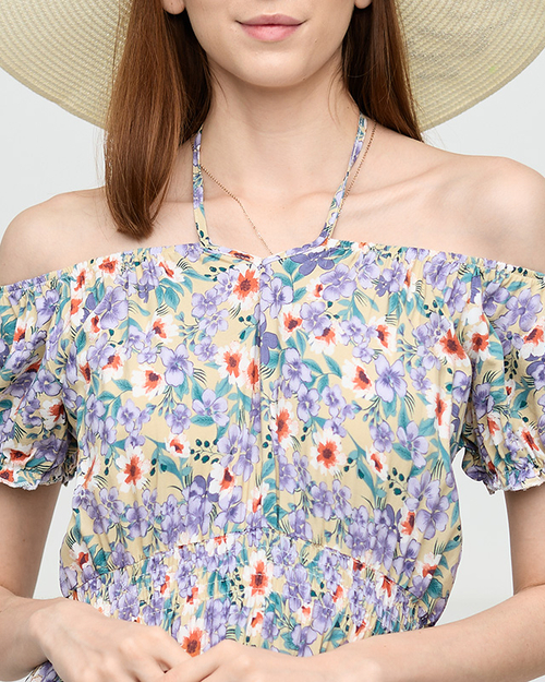 Довге літнє зелене плаття для жінок з фіолетовими квітами - Одяг