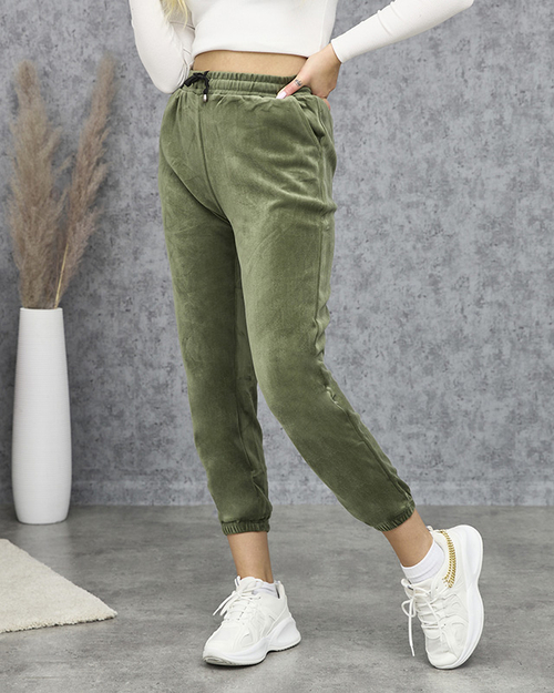 Темно-зелені велюрові спортивні штани для жінок PLUS SIZE- Одяг