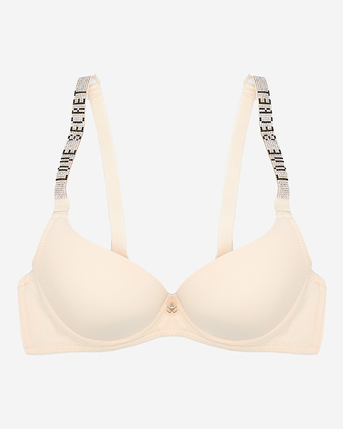 Гладкий бежевий бюстгальтер пуш-ап з декорованими бретелями - Нижня білизна