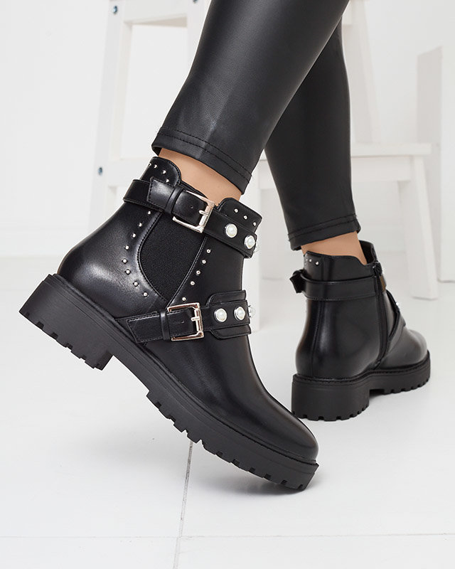 Dámské kotníkové boty z eko kůže s perličkami v černé barvě Saalo- Footwear